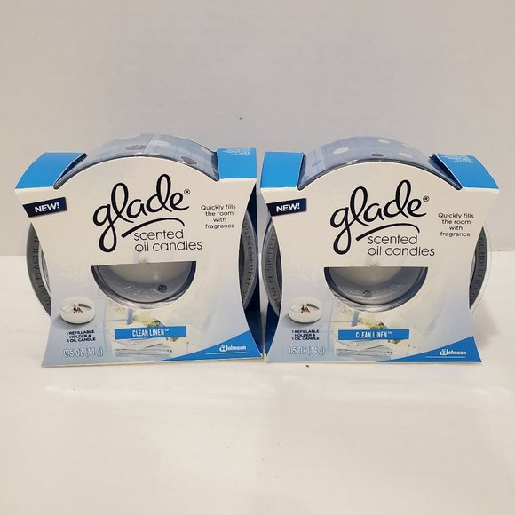 GLADE Round Glass Candle HOLDER Scented Oil Candle-Clean Linen-Blue Dots-2 pack - Picture 1 of 4